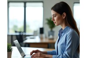 디지털 기기가 최소화된 깨끗한 업무 공간에서 활기차게 일하는 직장인의 모습